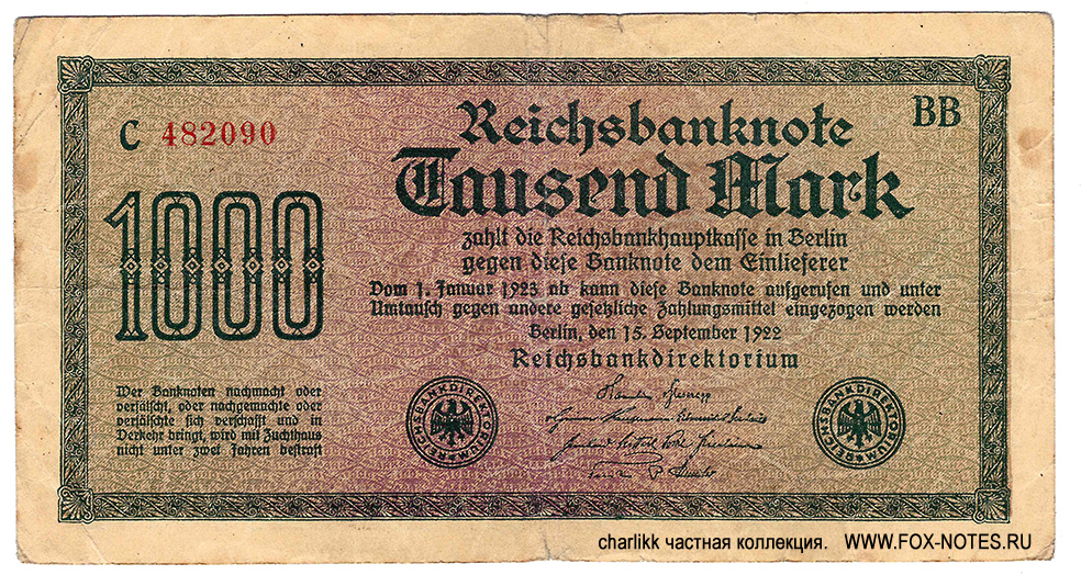 Reichsbank. Reichsbanknote. 1000 Mark. 15. September 1922.