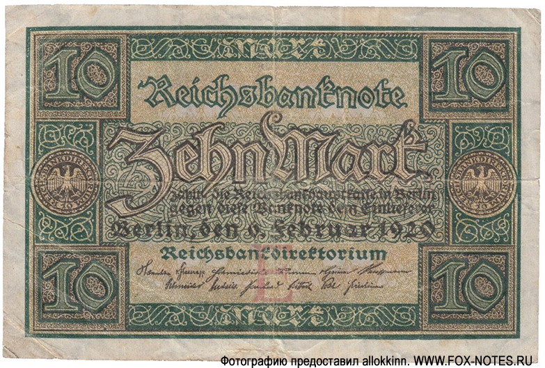 Reichsbanknote. 10 Mark. 6. Februar 1920. Deutsches Reich.
