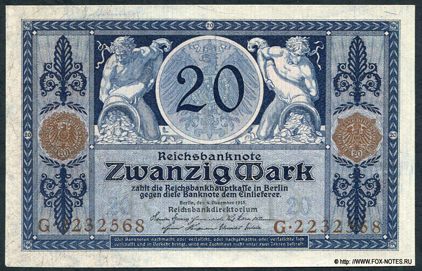 Reichsbanknote. 20 Mark. 4. November 1915.