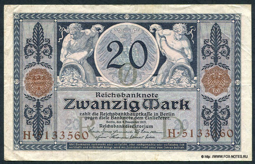 Reichsbanknote. 20 Mark. 4. November 1915.