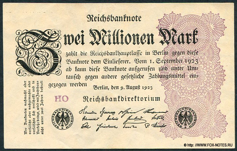 Reichsbank. Reichsbanknote. 2 Millionen Mark. 9. August 1923.