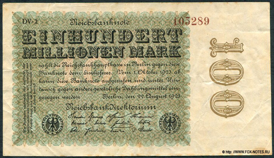 Reichsbank. Reichsbanknote. 100 Millionen Mark. 22. August 1923. 