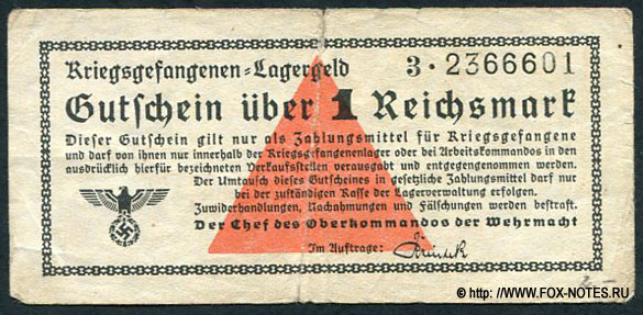 Oberkommandos der Wehrmacht Krigsgefangenen - Lagergeld Gutschein 1 Reichsmark