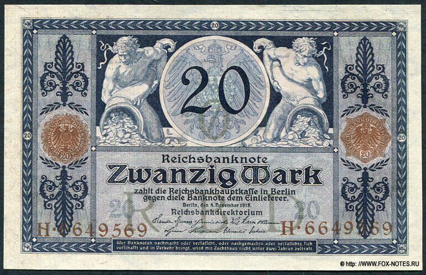 Reichsbanknote. 20 Mark. 4. November 1915. Udr.-Bst. O.