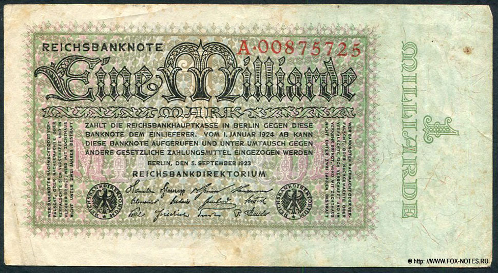 Reichsbank. Reichsbanknote. 1 Milliarde Mark. 5. September 1923.