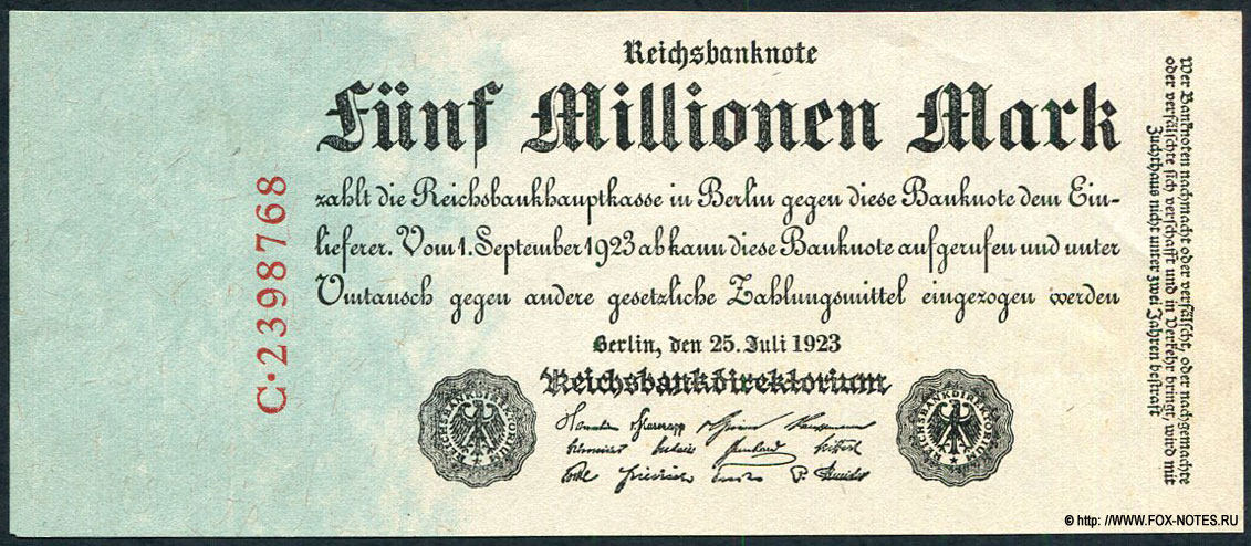 Reichsbank. Reichsbanknote. 5000000 Mark. 25. Juli 1923.