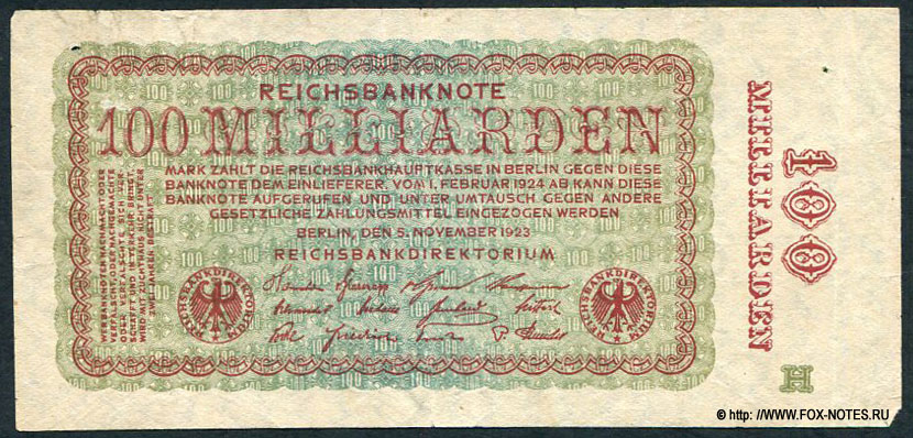 Reichsbank. Reichsbanknote. 100 Milliarden Mark. 5. November 1923.