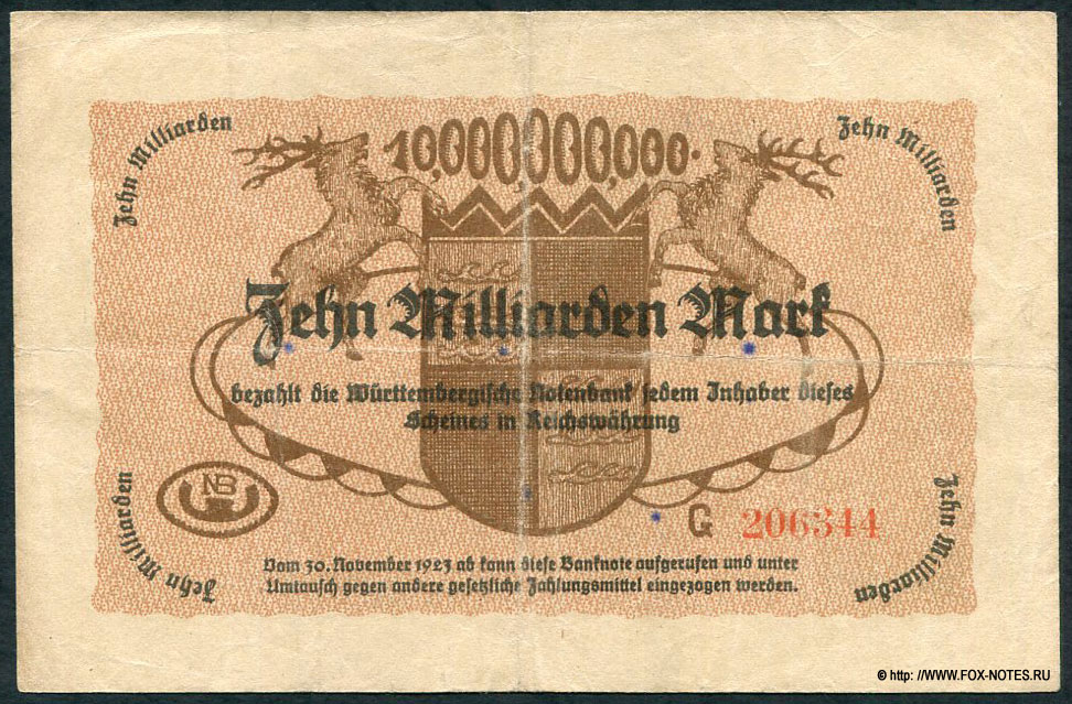 Württembergische Notenbank 10 Milliarden Mark 1923