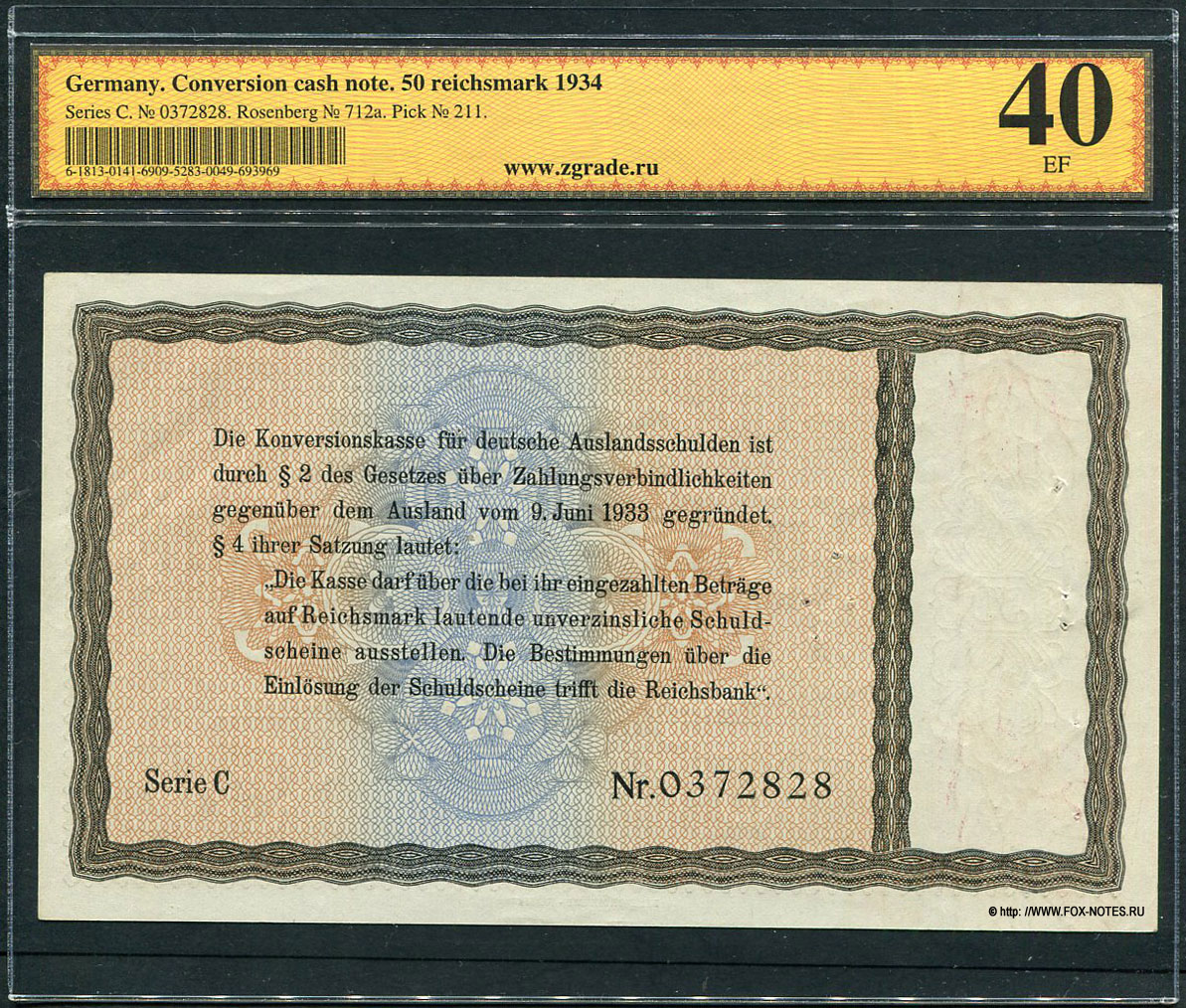 Konversionskasse für deutsche Auslandsschulden 50 Reichsmark 1934 Serie C