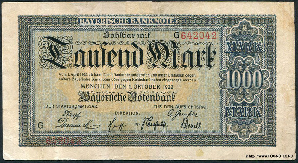 Bayerische Notenbank Bayerische Banknote 1000 Mark. 1. Oktober 1922.