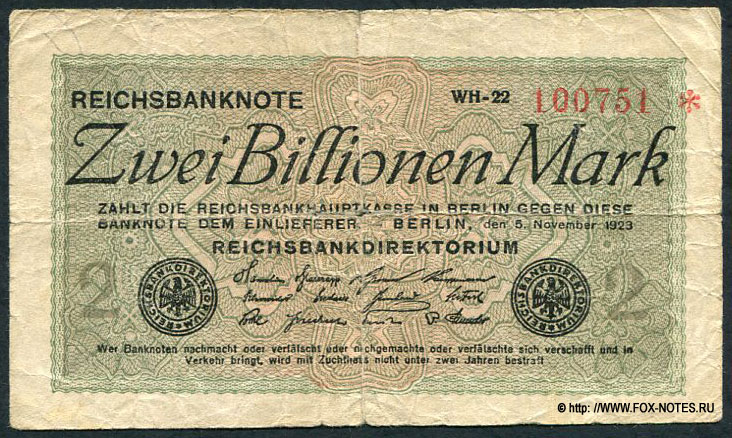 Reichsbank. Reichsbanknote. 2 Billionen Mark. 5. November 1923.