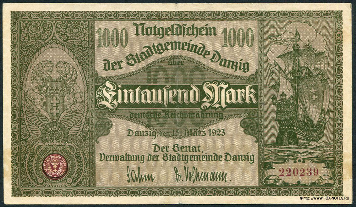 Senat, Verwaltung der Stadgemeinde Danzig. Notgeld der Stadgemeinde. 1000 Mark. 15. März 1923.