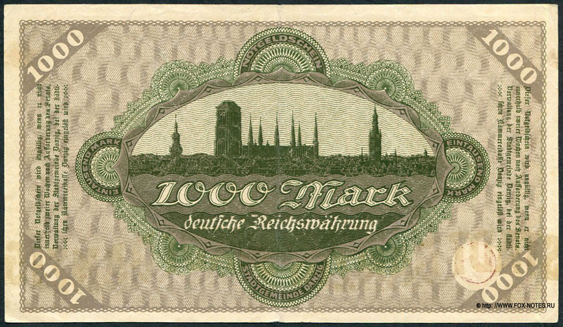 Senat, Verwaltung der Stadgemeinde Danzig. Notgeld der Stadgemeinde. 1000 Mark. 15. März 1923.