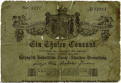 Herzogtum Anhalt ( ). Herzoglich Anhaltische Staatsschuldenverwaltung. Herzoglich Anhaltische Staatkassenscheine. Dessu, den 1. August 1866.