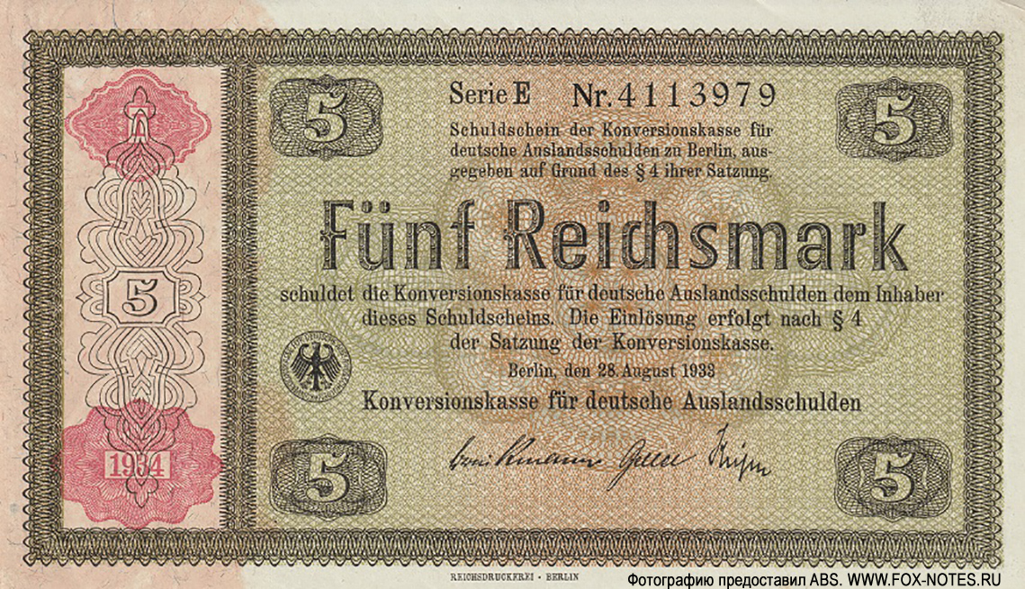 Konversionskasse für deutsche Auslandsschulden Konversionskassenschein 5 Reichsmark 1934