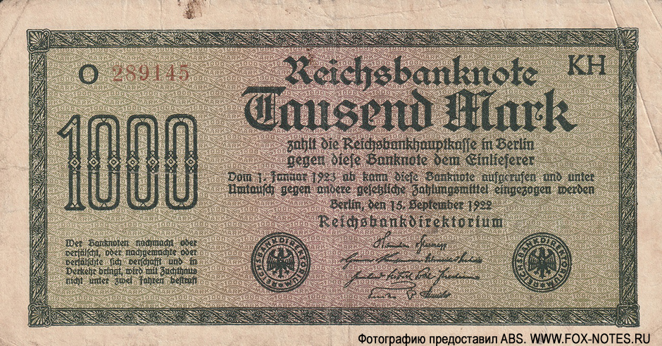 Reichsbanknote. 1000 Mark. 15. September 1922.