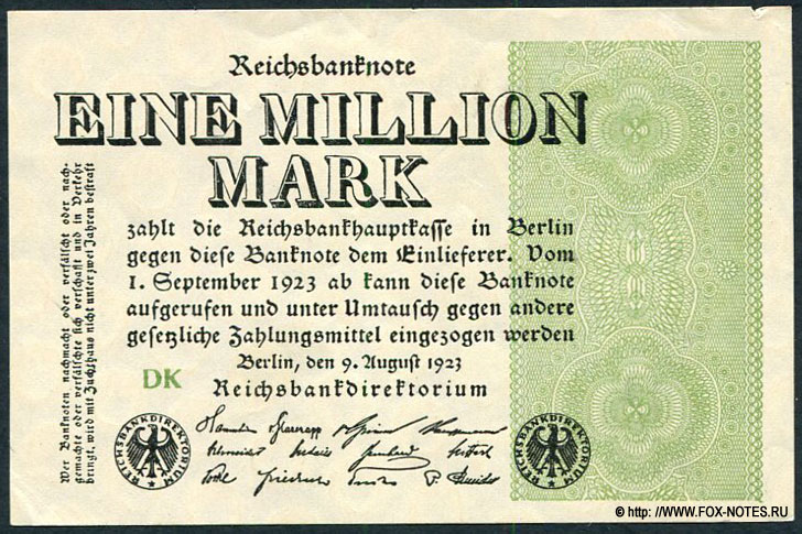 Reichsbank. Reichsbanknote. 1 Million Mark. 9. August 1923. DK