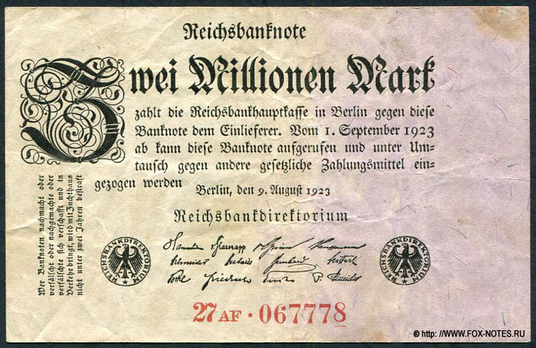 Reichsbank. Reichsbanknote. 2 Millionen Mark. 9. August 1923. 27AF