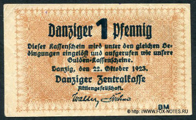 Danziger Zentralkasse. Kassenschein 1 Danziger Pfennig. 22. Oktober 1923.