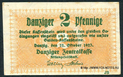 Danziger Zentralkasse. Kassenschein 2 Danziger Pfennig. 22. Oktober 1923.