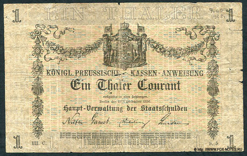 Königreich Preußen. Hauptverwaltung der Staatsschulden. Kassenanweisung. 1 Thaler Courant. 15. Dezember 1856.