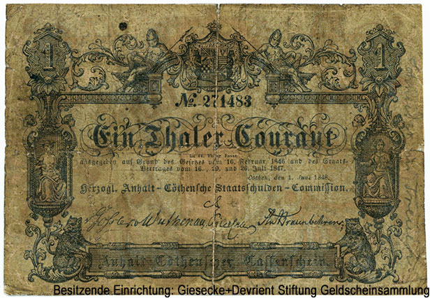 Herzoglich Anhalt-Cöthensche Staatsschulden-Commission. Kassenschein 1 Thaler Courant. 1. Juni 1848.