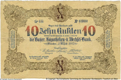 Bayerische Hypotheken und Wechsel-Bank München Banknote. 10 Gulden. 1. August 1857.