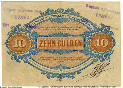 Bayerische Hypotheken und Wechsel-Bank München Banknote. 10 Gulden. 1. Juli 1865.