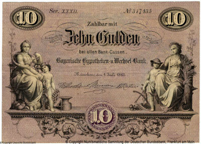 Bayerische Hypotheken und Wechsel-Bank München Banknote. 10 Gulden. 1. Juli 1865.