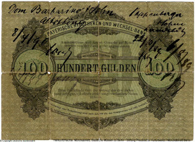 Bayerische Hypotheken und Wechsel-Bank München Banknote. 100 Gulden. 1. Oktober 1870.	