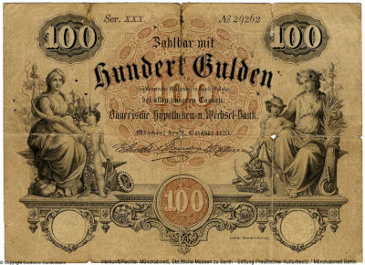 Bayerische Hypotheken und Wechsel-Bank München Banknote. 100 Gulden. 1. Oktober 1870.	