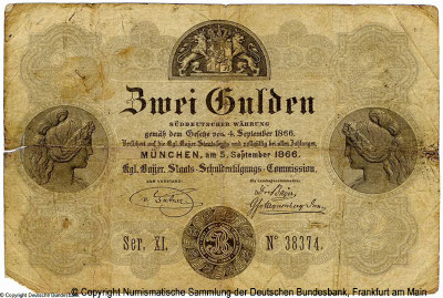 Königlich Bayerische Staatsschulden-Tilgungs-Commission Banknote. 2 Gulden Süddeutsche Währung. München. am 5. September 1866.