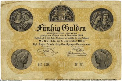 Königlich Bayerische Staatsschulden-Tilgungs-Commission Banknote. 50 Gulden Süddeutsche Währung. München. am 5. September 1866.