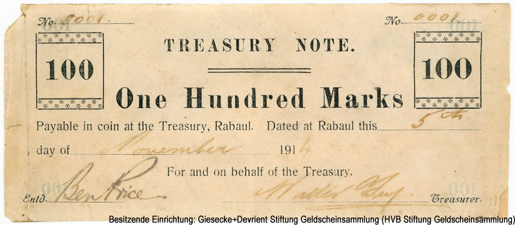 Deutsch-Neuguinea Treasury Note 100 Marks 1914.