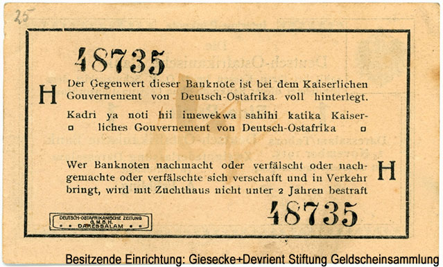Deutsch-Ostafrikanische Bank. Interims-Banknote. 1 Rupien. 1. November 1915. A. Frühling.