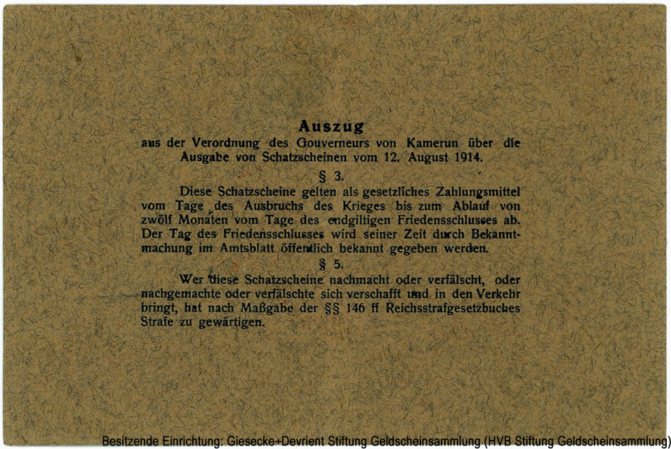 Kaiserlichen Gouvernements von Kamerun. Schatzschein. 50 Mark. 12ten August 1914.