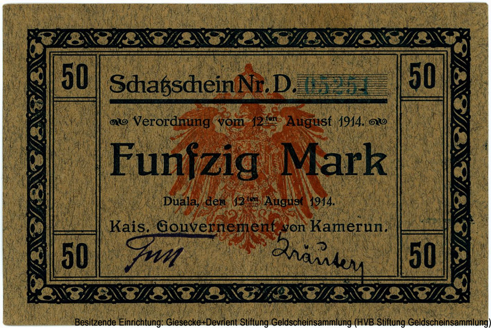Kaiserlichen Gouvernements von Kamerun. Schatzschein. 50 Mark. 12ten August 1914.