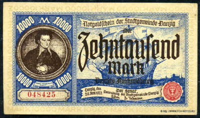 Senat, Verwaltung der Stadgemeinde Danzig Notgeld der Stadgemeinde 10000 Mark deutsche Reichswährung. 26. Juni 1923.