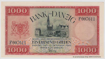 Bank von Danzig Noten 1000 Gulden. Danzig. Den 20. Februar 1924.
