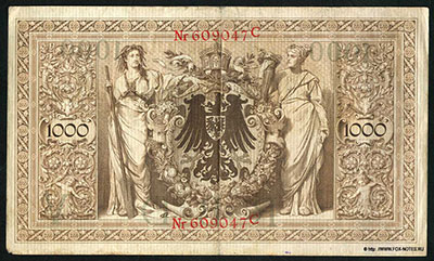 Deutsches Reich ( ). Reichsbank. Reichsbanknote. 1000 Mark. 21. April 1910. Brauner Tausender (  1000  1910)