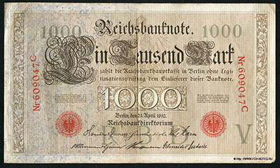 Deutsches Reich ( ). Reichsbank. Reichsbanknote. 1000 Mark. 21. April 1910. Brauner Tausender (  1000  1910)