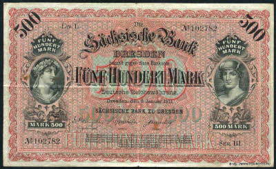 Sächsischen Bank zu Dresden Banknote 500 Mark. 2. Januar 1911.