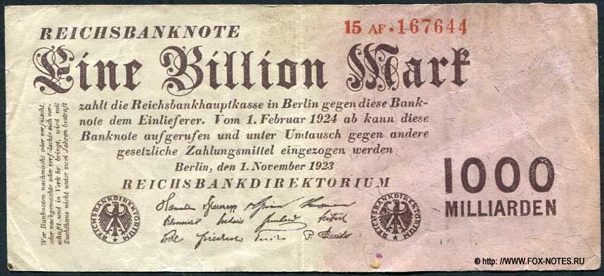 Reichsbank. Reichsbanknote. 1 Billion Mark. 1. November 1923.