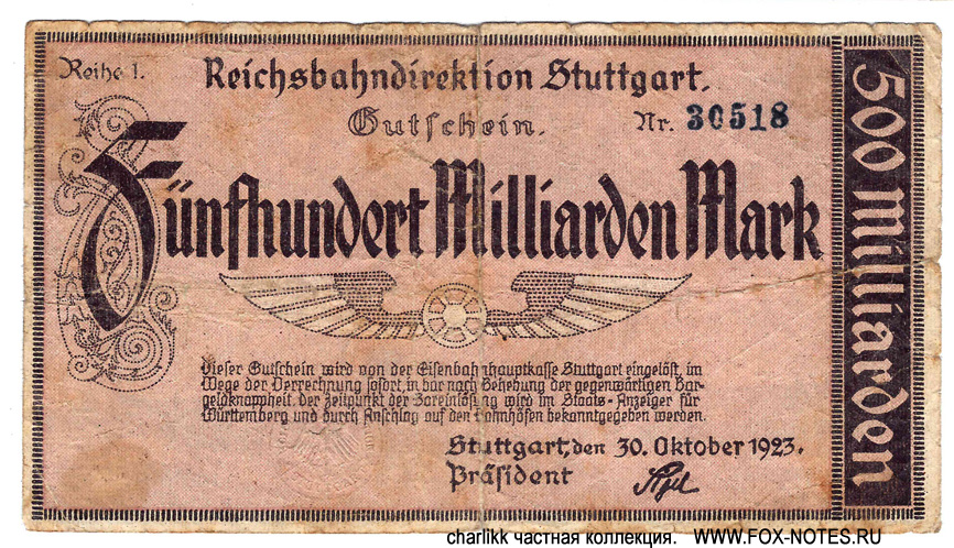 Deutsche Reichsbahn Reichsbahndirektion Stuttgart 500 Milliarden Mark 1923