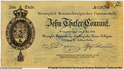 Herzoglich Braunschweigischer Cassenschein. 10 Thaler Courant. 1858.
