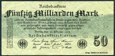Reichsbank. Reichsbanknote. 50 Milliarden Mark. 26. Oktober 1923.