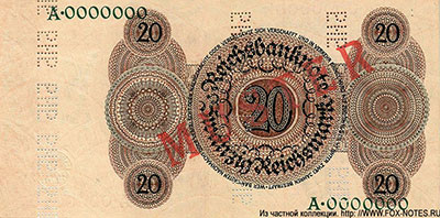 Reichsbank. Reichsbanknote. 20 Reichsmark. 11. Oktober 1924. MUSTER