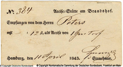 Akzisestätte am Brandshof Wegegeld. 12 Schilling 1843