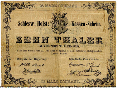 Schleswig-Holstein Kassenscheine  10 Thaler 1848