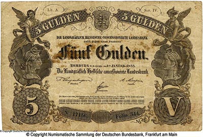 Landgräflich Hessische Concessionaire Landesbank  5 Gulden 1855